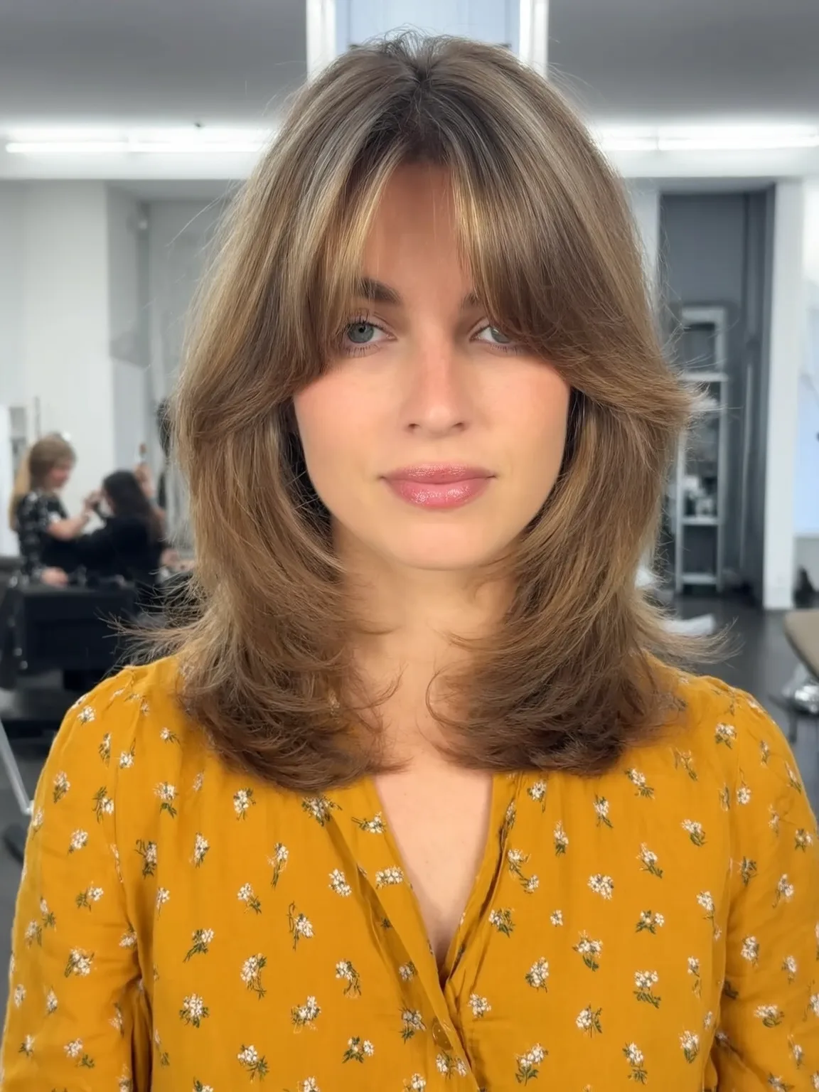 Ash Brown Layered Wavy Lob with Curtain Bangs
